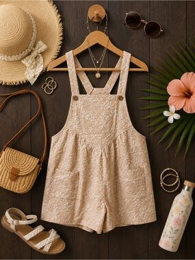 Beige Floral Overalls Romper | Size XL